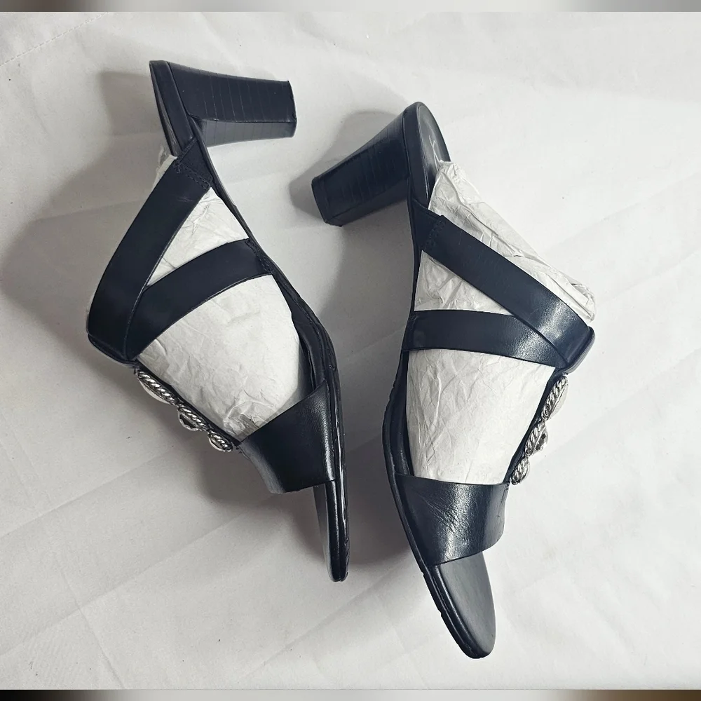 7 M Brighton Trista Shoes Slip-on Block Heels Sandals Black Leather Open Toe